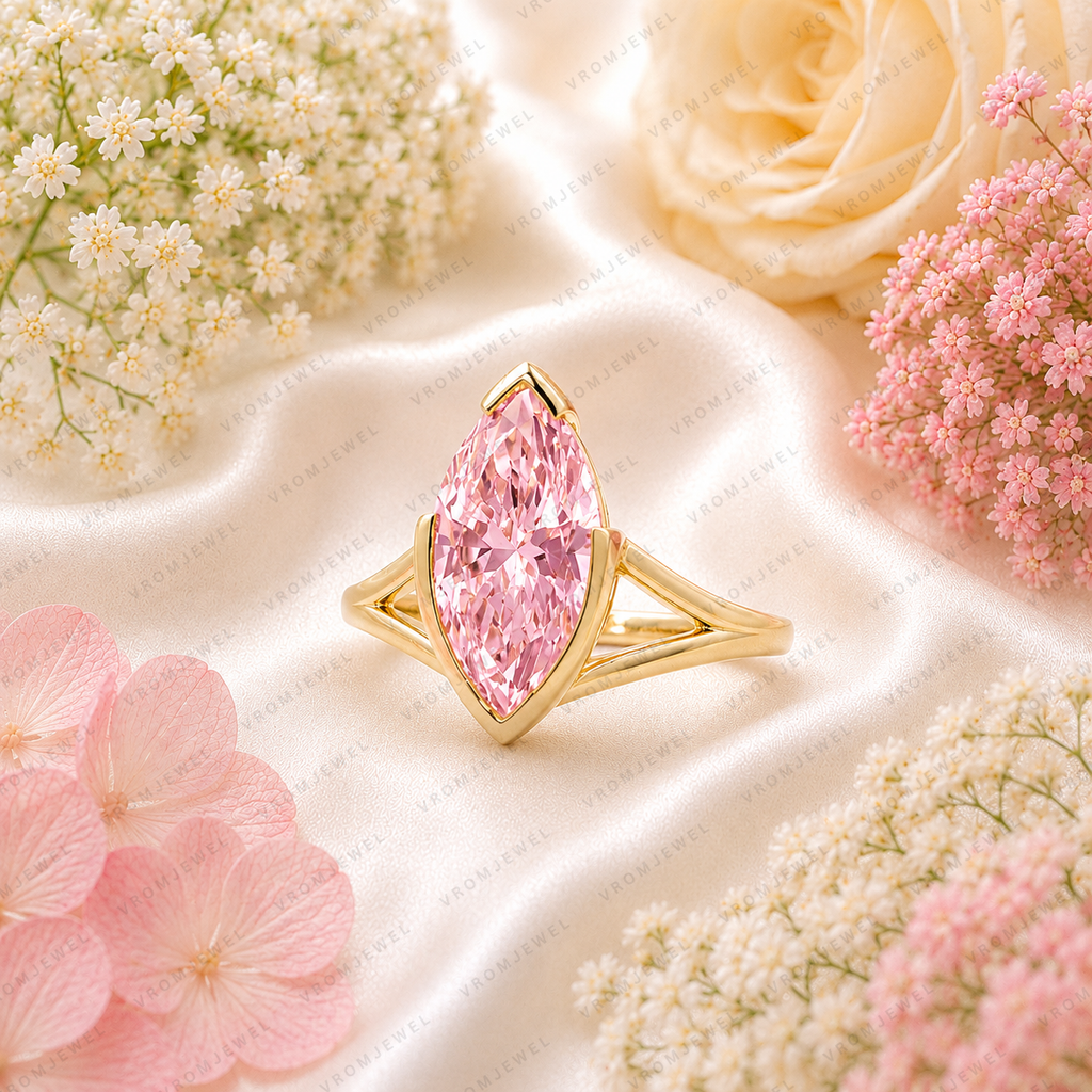 1.50 Ct Marquise Pink Lab Grown Diamond Ring, Pink Diamond Engagement Ring, Modern Marquise Solitaire Ring, Unique Gold Bridal Ring