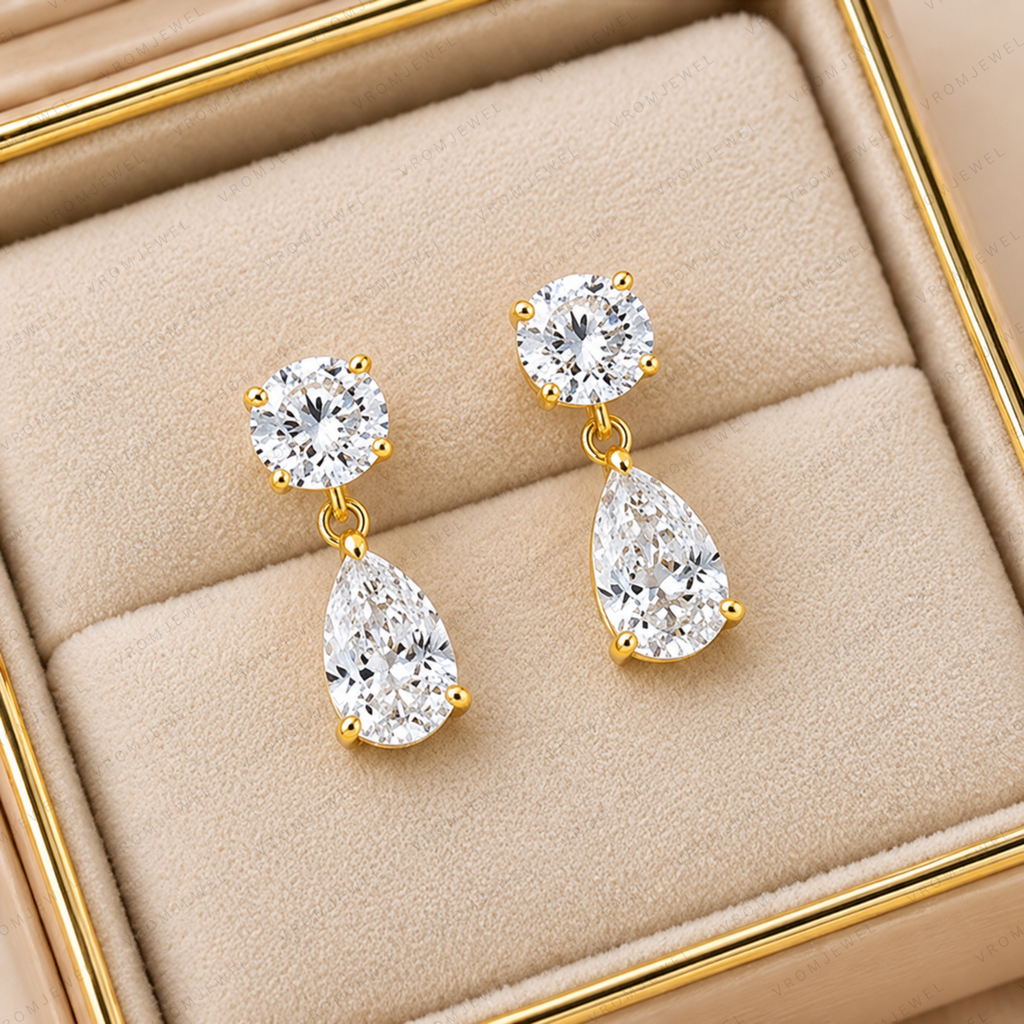 Round & Pear Cut Lab Grown Diamond Two Stone Earrings in Solid 14K Gold