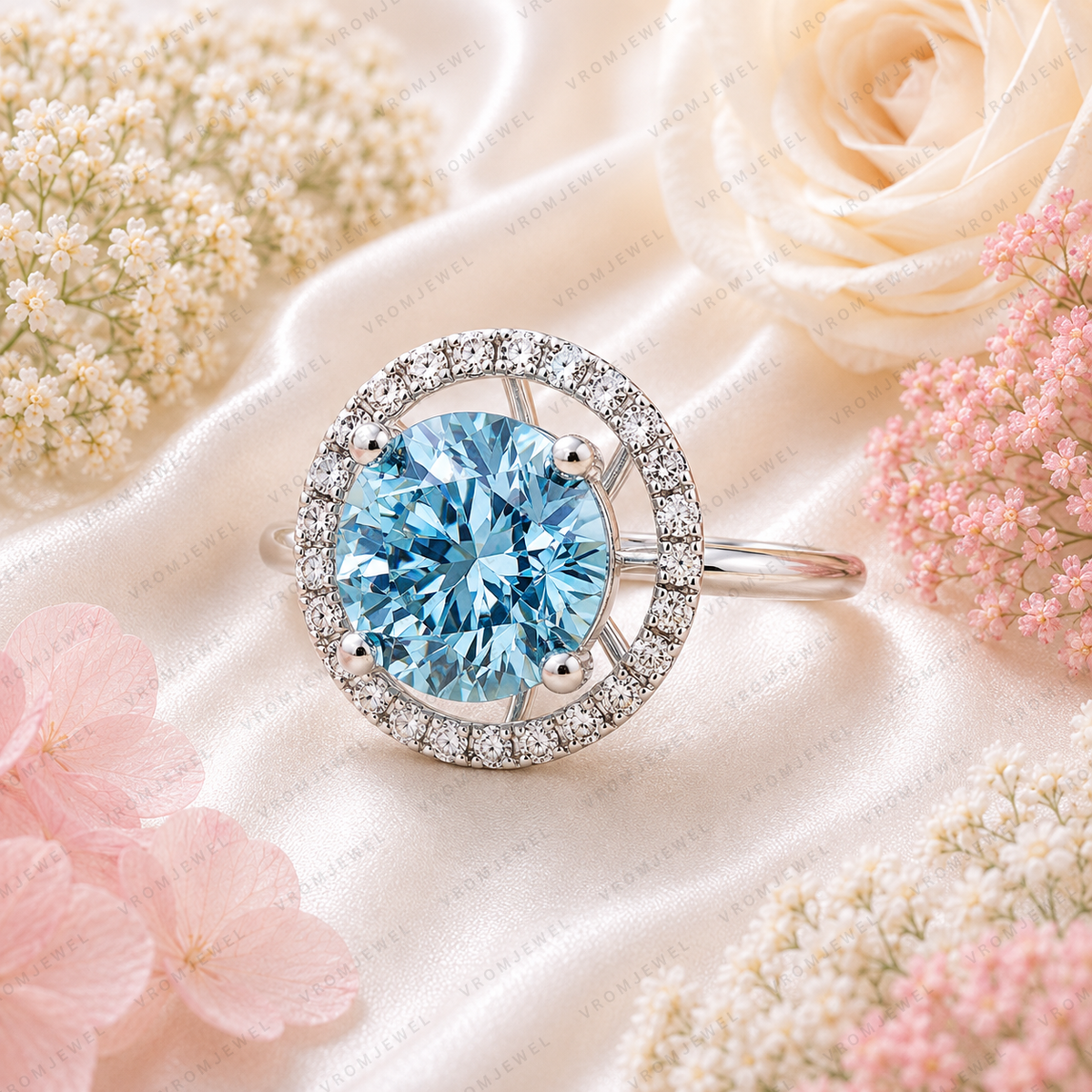 Blue Round Lab Grown Diamond Ring, 5 Carat Blue Diamond Engagement Ring, Round Cut Halo Ring, Pavé Diamond Halo, Unique Statement Ring