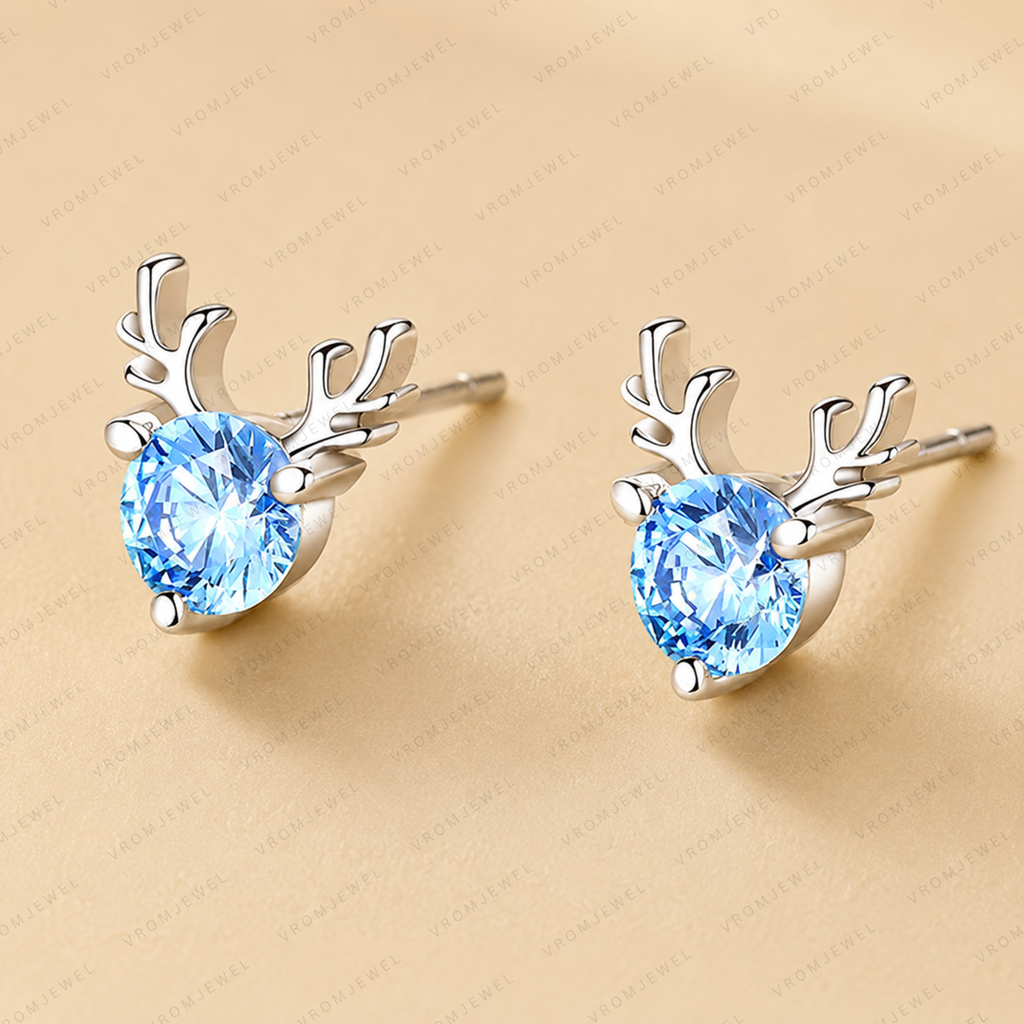 Little Deer Blue Lab Grown Diamond Stud Earrings, Round Blue Diamond Earrings, Deer Antler Gold Studs, Animal Inspired Earrings