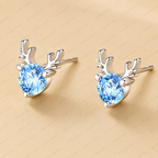 Little Deer Blue Lab Grown Diamond Stud Earrings, Round Blue Diamond Earrings, Deer Antler Gold Studs, Animal Inspired Earrings