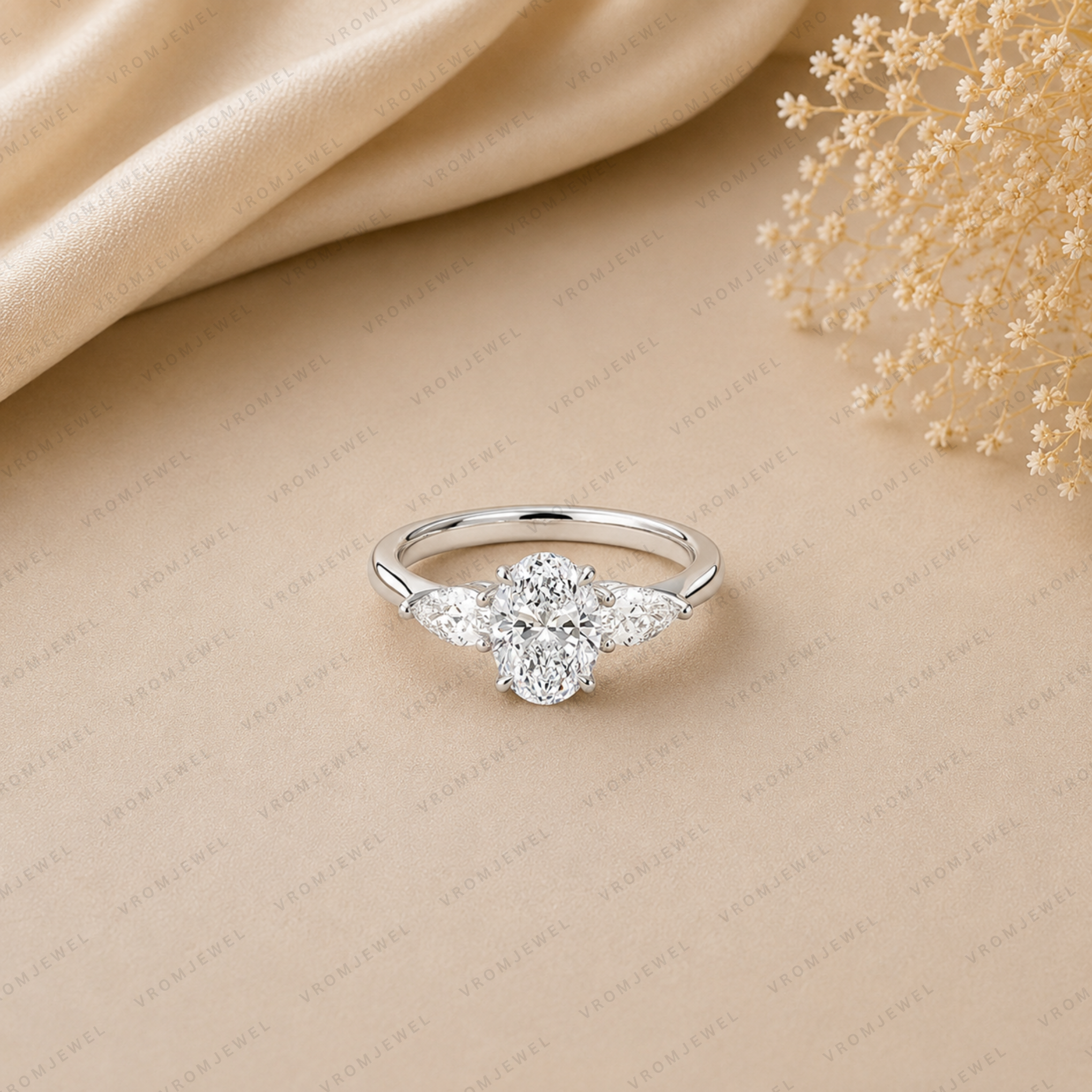 Oval Engagement Ring | Lab Grown Diamond | Pear Side Stones | Prong Set | 14K Yellow Gold
