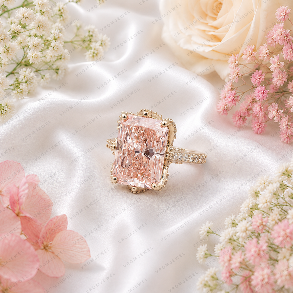 Pink Radiant Lab Grown Diamond Halo Engagement Ring, Pavé Diamond Band, Pink Diamond Ring, 10K 14K 18K Gold