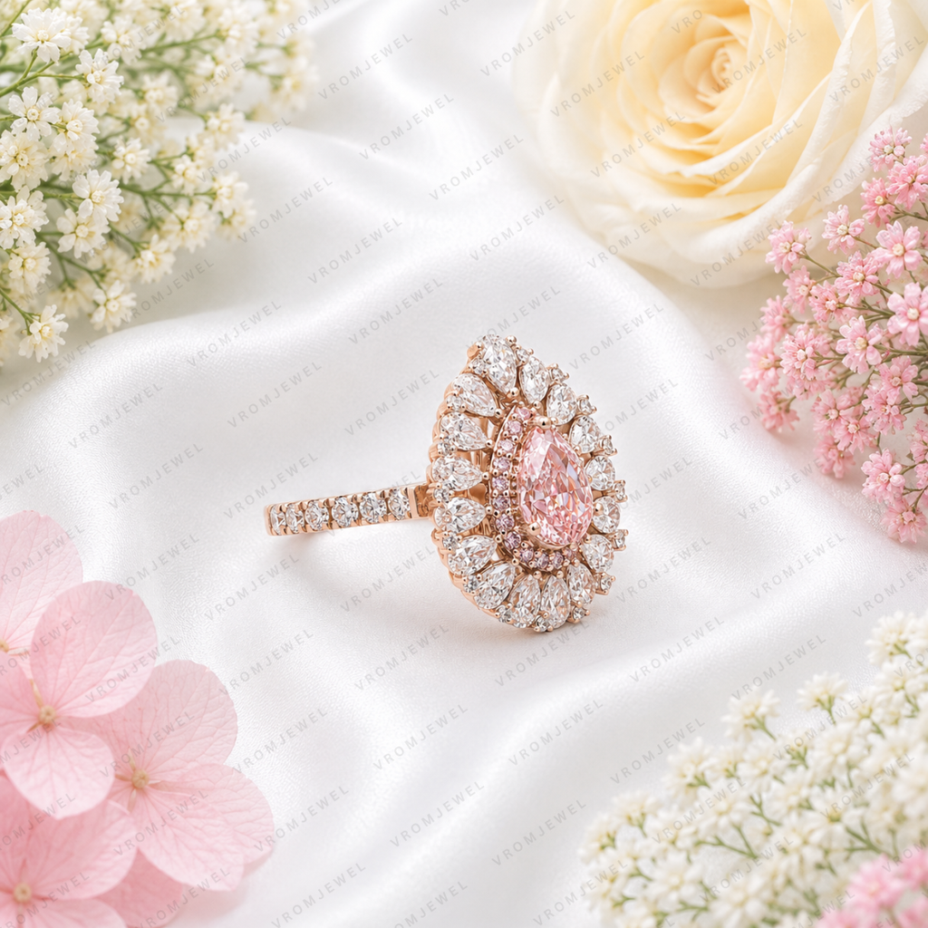 Pink Pear Shape Lab Grown Diamond Engagement Ring, Floral Halo Diamond Ring, Pink Diamond Ring, Pavé Band, 10K 14K 18K Gold