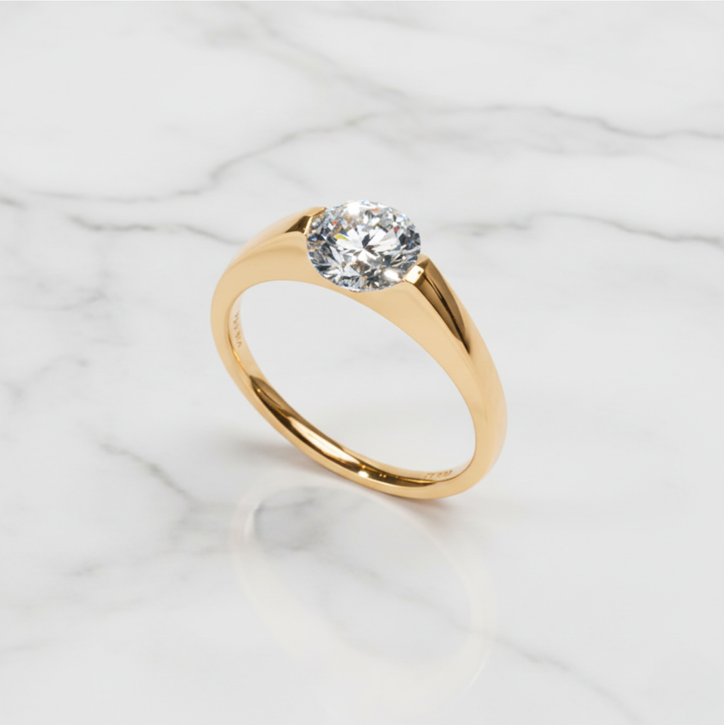 Modern Round Cut East West Ring | Lab Grown Diamond | 14K Yellow Gold Sleek Design