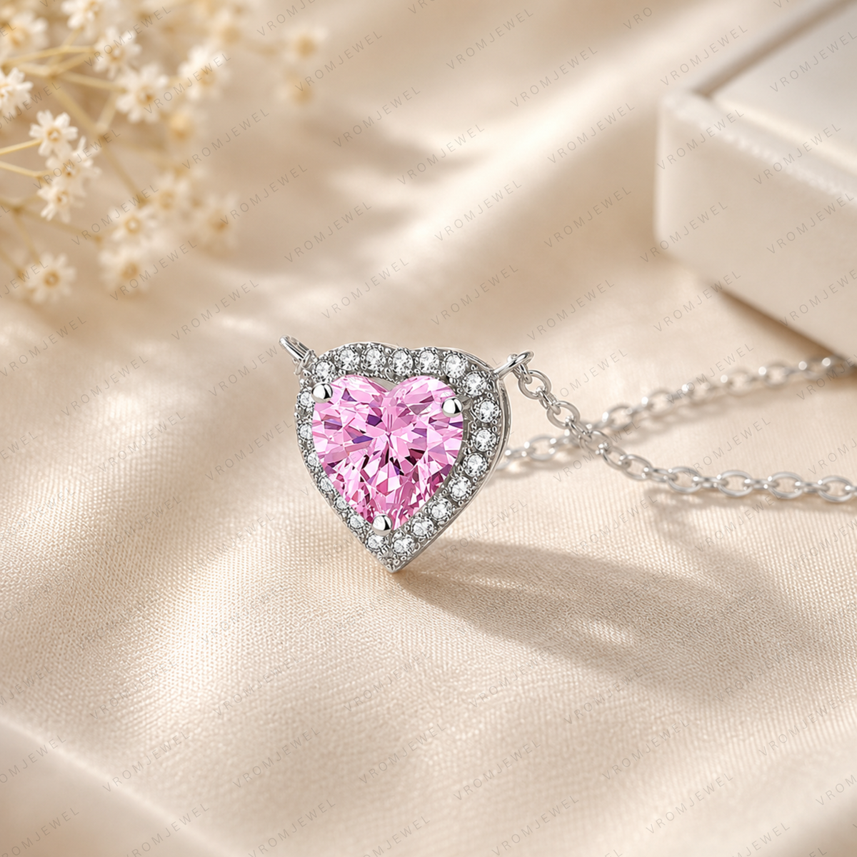 Pink Heart Lab Grown Diamond Necklace, Heart Halo Pendant Necklace, Pink Diamond Necklace, Solid Gold Heart Necklace, Romantic Gift for Her
