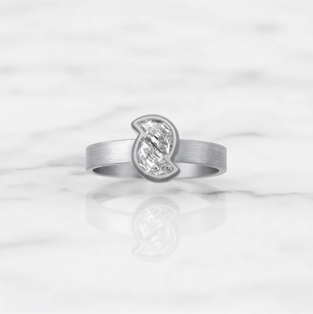 Half Moon Diamond Ring Matte Finish Semi Bezel | Lab Grown Diamond | 14K Yellow Gold