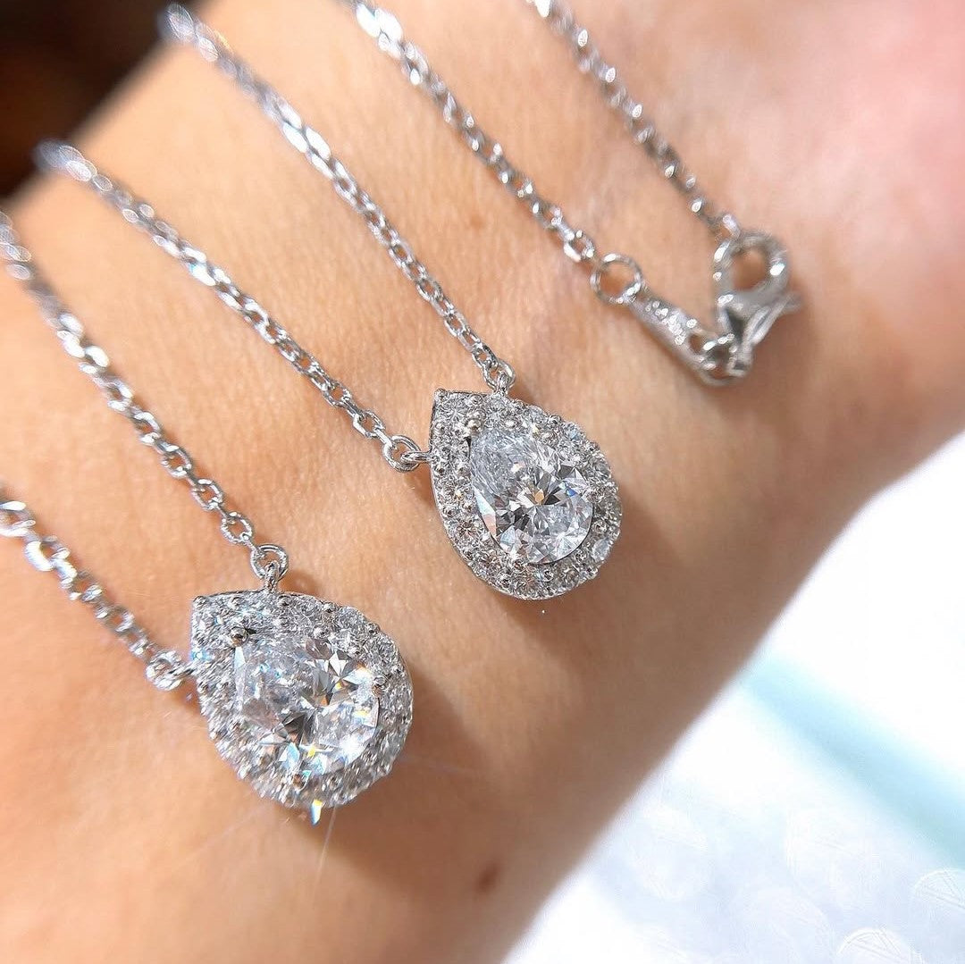 Dainty Pear Halo Pendant Necklace | Lab Grown Diamond | 14K Yellow Gold
