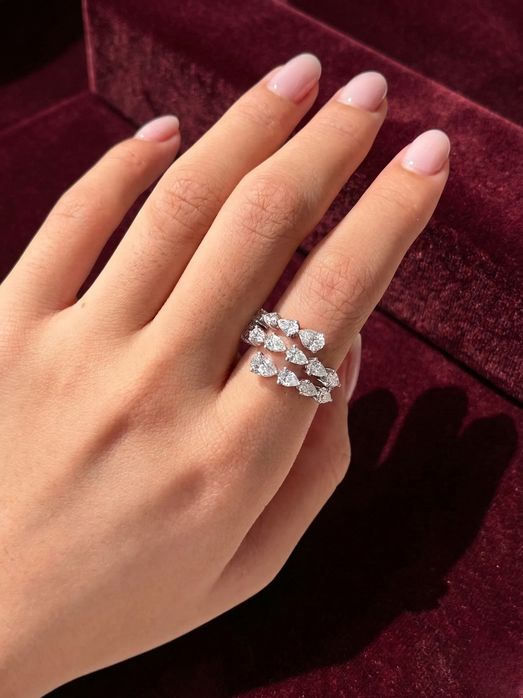 Triple Row Pear Lab Grown Diamond Ring, Pear Diamond Statement Ring, 2.28 Carat Pear Diamond Band, Unique Pear Diamond Anniversary Ring