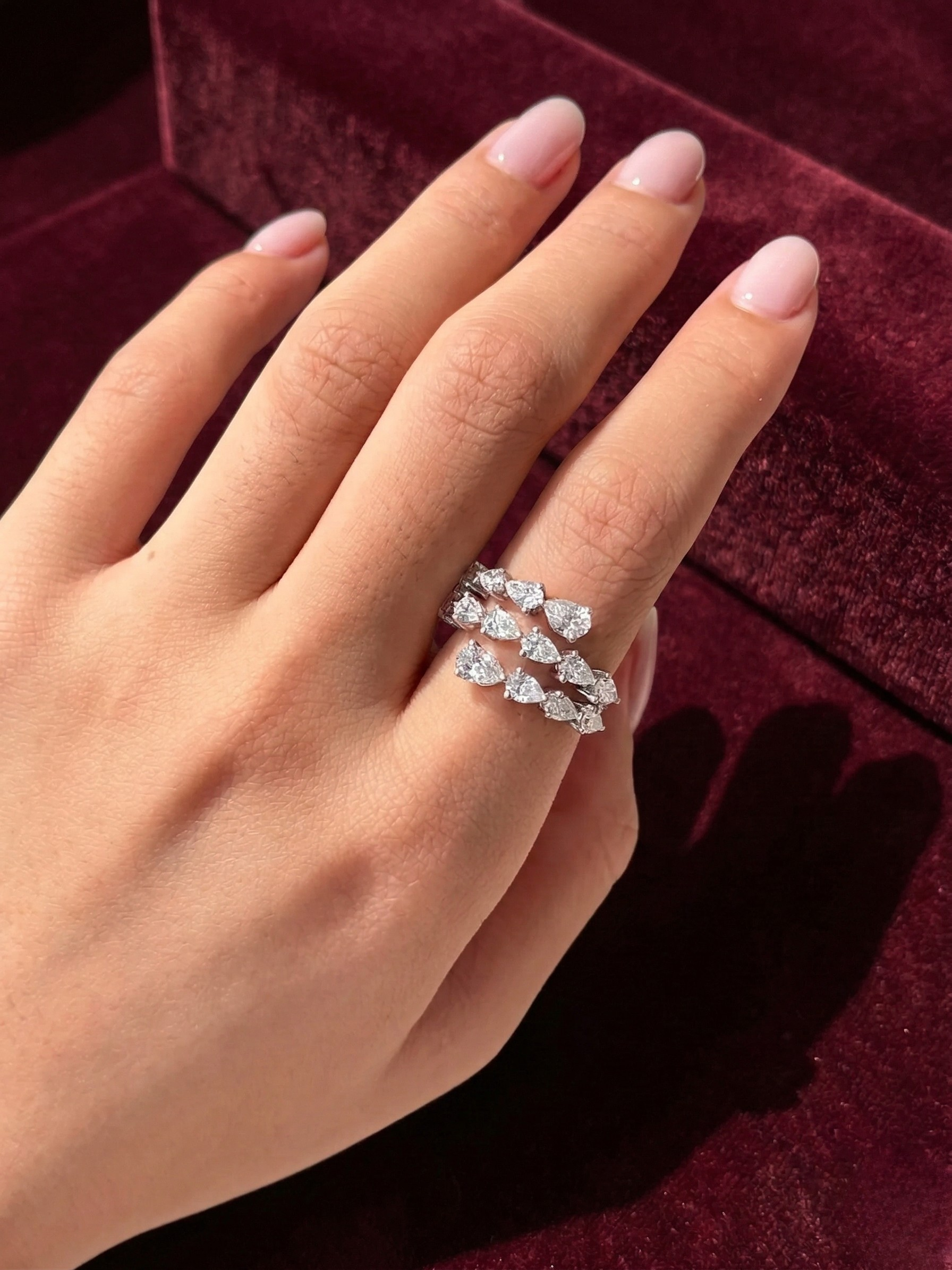 Triple Row Pear Lab Grown Diamond Ring, Pear Diamond Statement Ring, 2.28 Carat Pear Diamond Band, Unique Pear Diamond Anniversary Ring