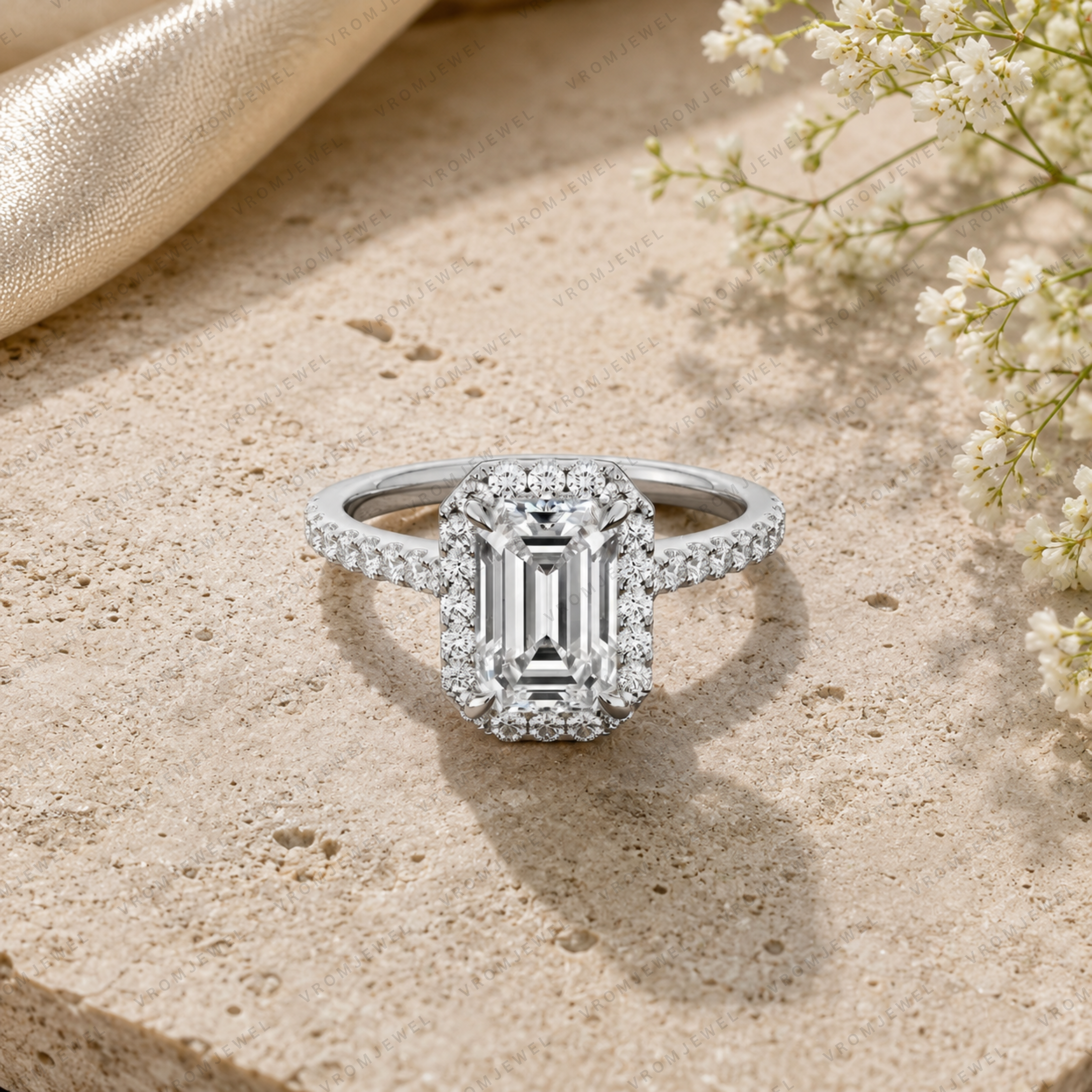 Emerald Cut Lab Grown Diamond Halo Bridal Engagement Ring in 14K/18K Gold