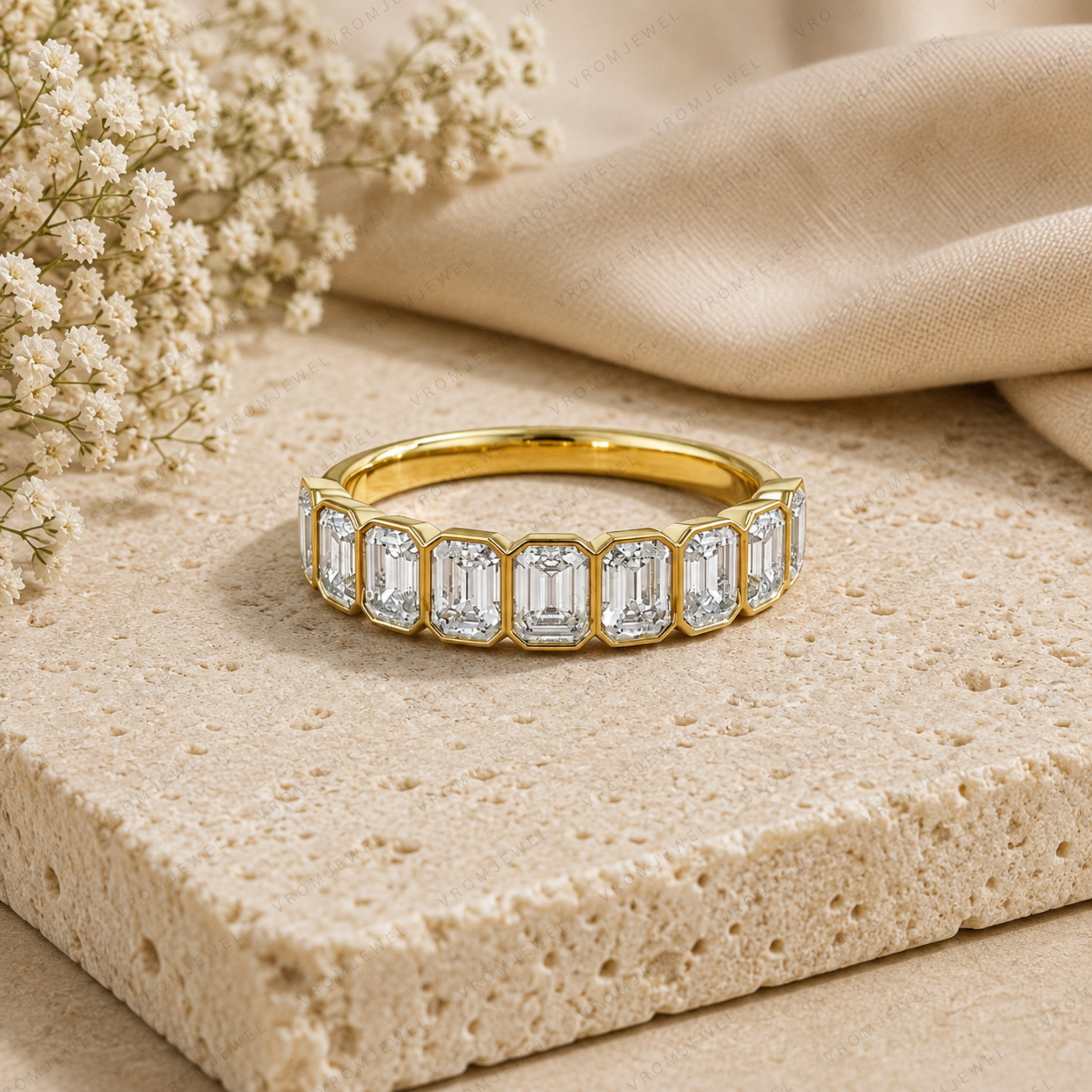 Emerald Cut Lab Grown Diamond Bezel Set Bridal Ring in Solid 14K Gold