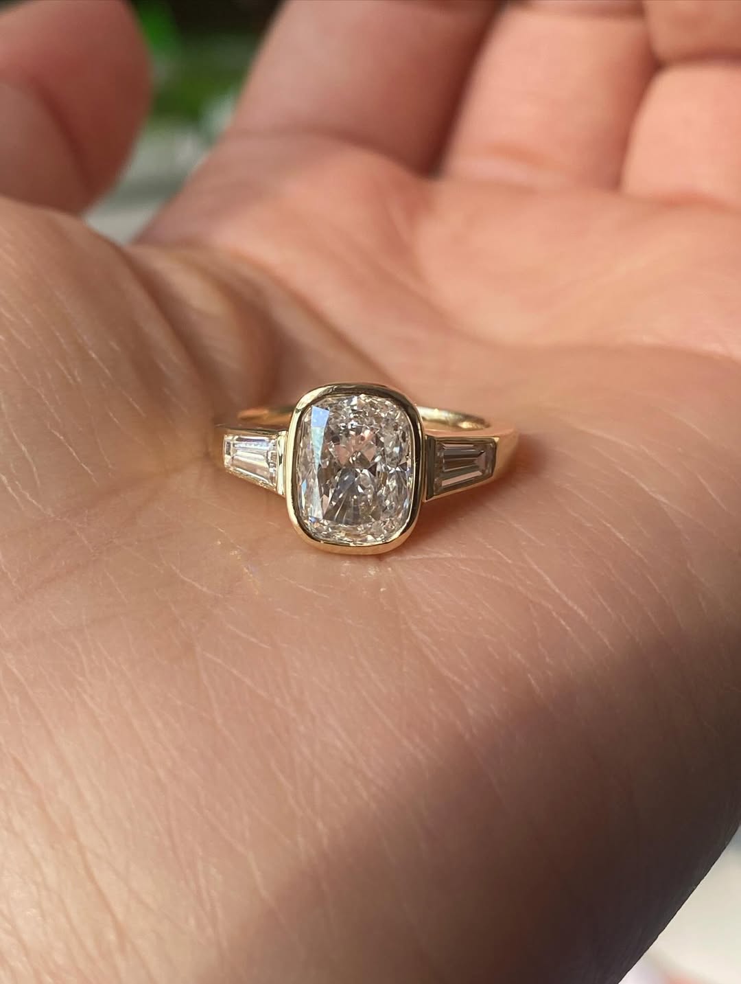 Cushion Cut Lab Grown Diamond Engagement Ring, Tapered Baguette Side Stone Ring, 14K Yellow Gold, Three Stone Diamond Ring, Proposal Ring