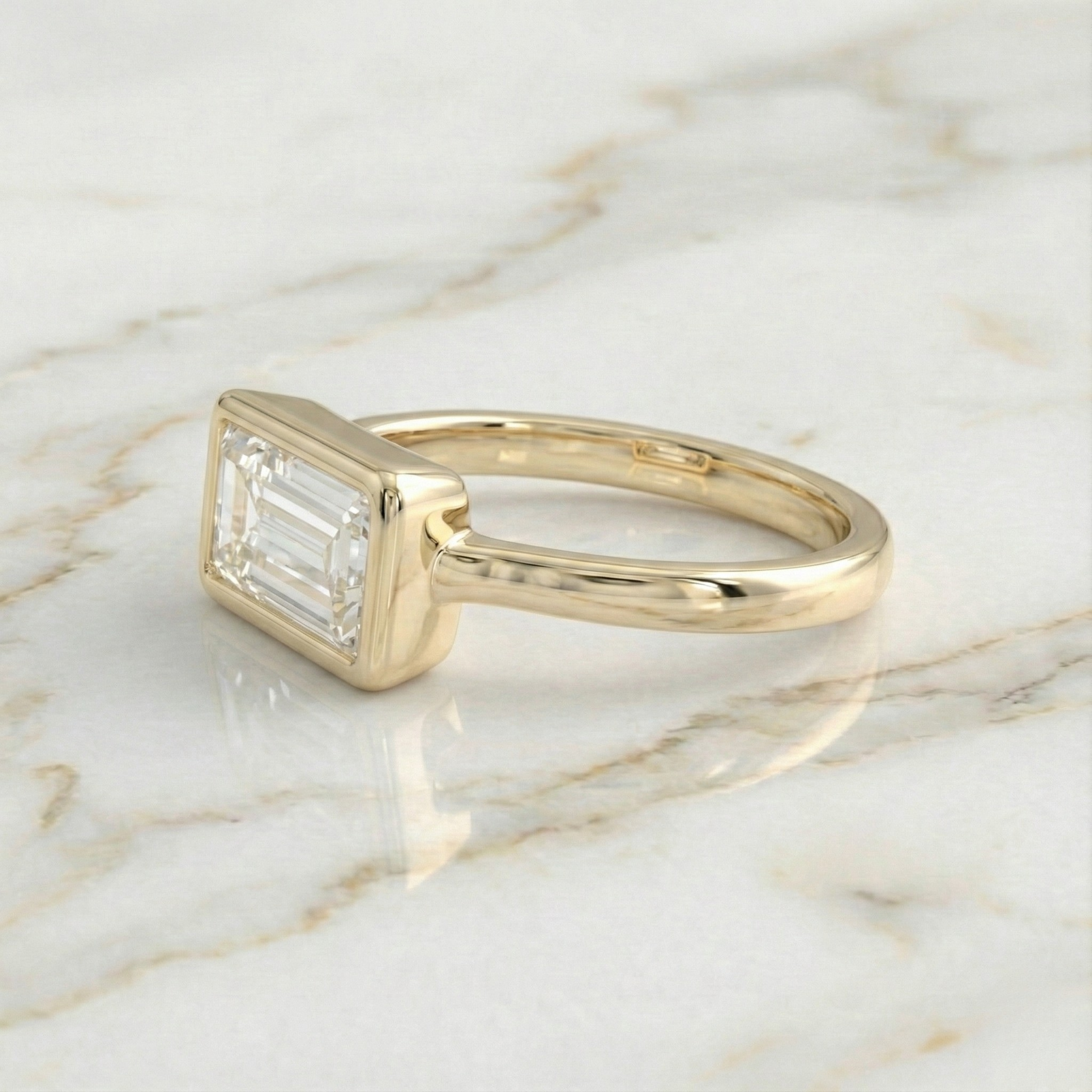 Baguette Cut East West Bezel Set Solitaire Ring | Lab Grown Diamond | 14K Yellow Gold