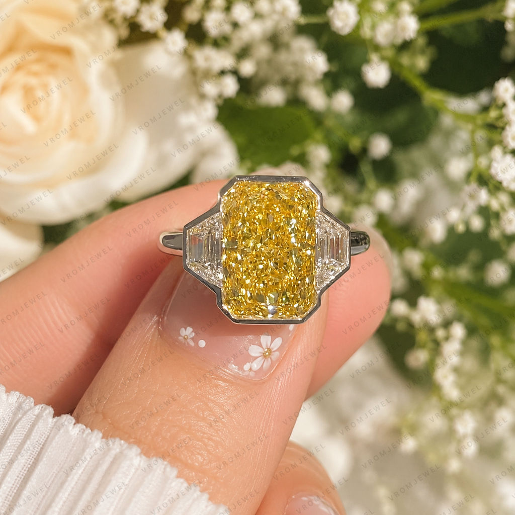 6.00 Carat Yellow Radiant Lab Grown Diamond Ring, Yellow Diamond Engagement Ring, Art Deco Diamond Ring, Baguette Side Stones, 10K 14K 18K