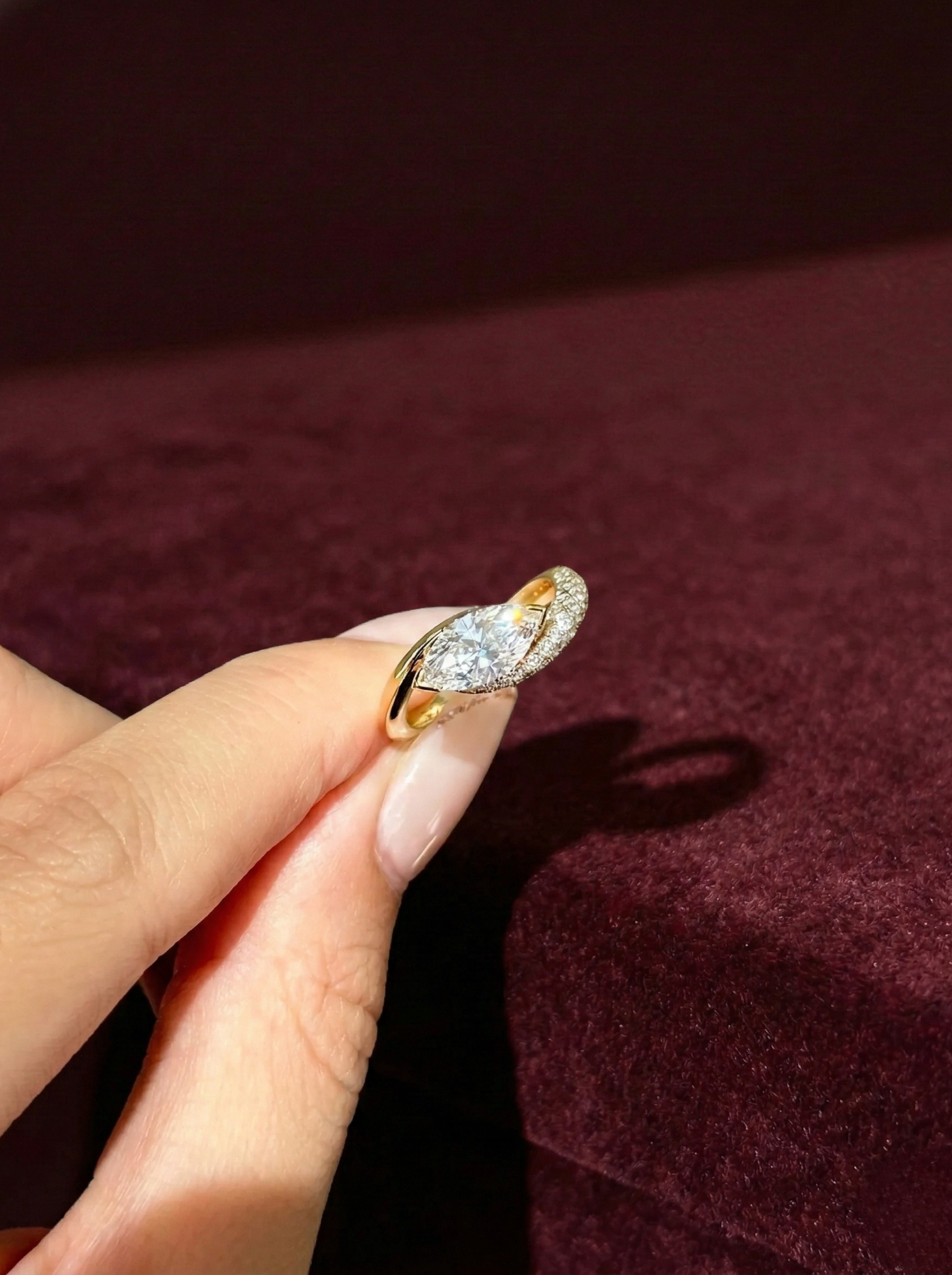 Marquise Lab Grown Diamond Engagement Ring, Modern Bypass Diamond Ring, 14K Yellow Gold Marquise Ring, Unique Diamond Engagement Ring