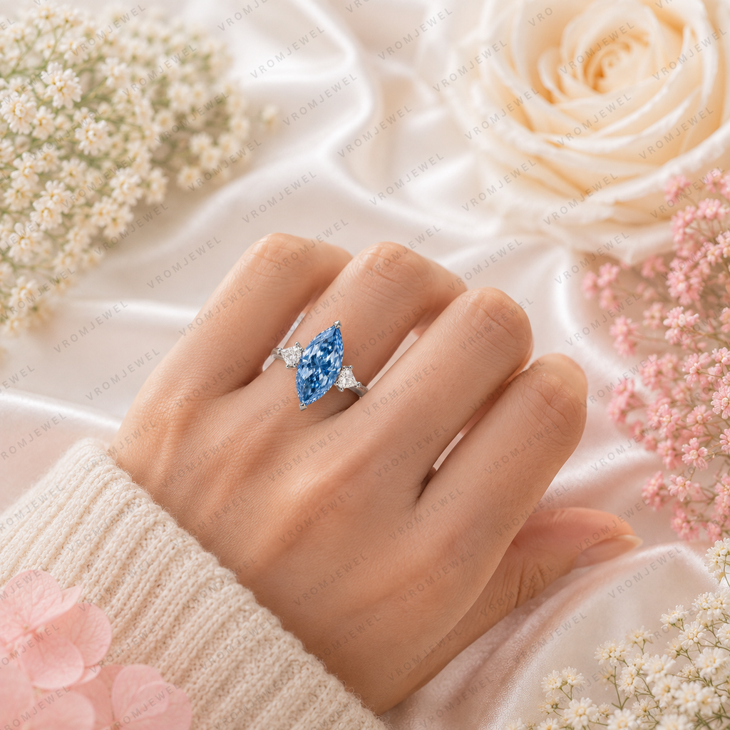 8 Carat Blue Marquise Lab Grown Diamond Ring, Blue Diamond Engagement Ring, Pear Shape Diamond Accents, Unique Statement Ring, 10K 14K 18K