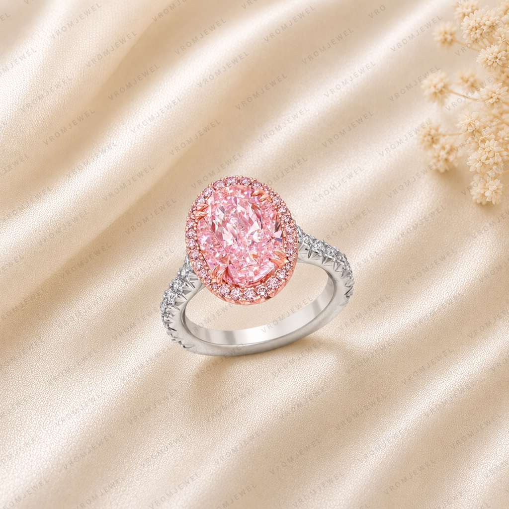 5 Carat Pink Oval Lab Grown Diamond Halo Engagement Ring, Oval Diamond Ring, IGI Certified, 10K 14K 18K Gold