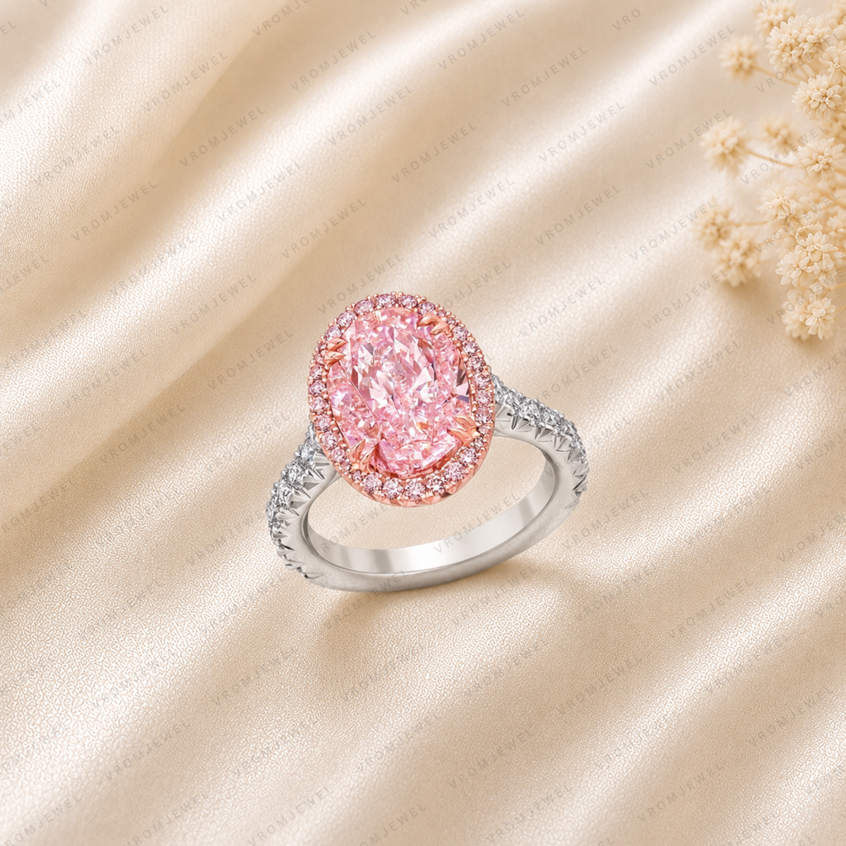 5 Carat Pink Oval Lab Grown Diamond Halo Engagement Ring, Oval Diamond Ring, IGI Certified, 10K 14K 18K Gold