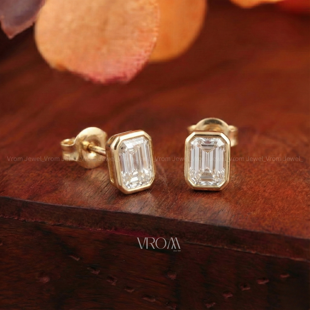 Emerald bezel set stud Earrings | Lab Grown Diamond | 14k Yellow Gold Minimalist
