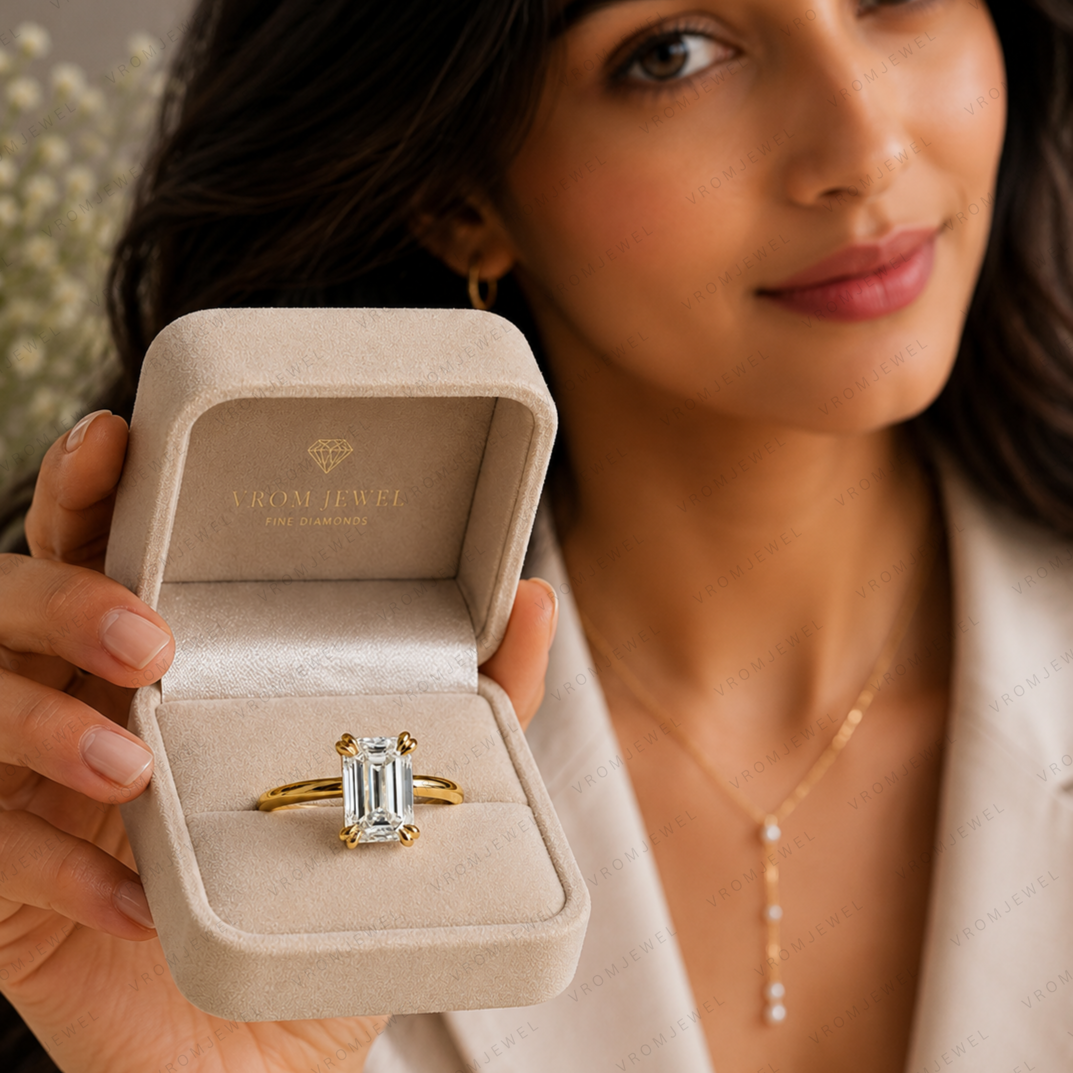 Emerald Cut Lab Grown Diamond Multi Prong Solitaire Ring in Solid 14K Gold