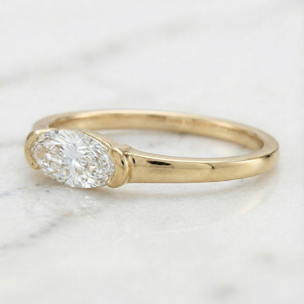 Moval Cut East West Half Bezel Solitaire Ring | Lab Grown Diamond | 14K Yellow Gold