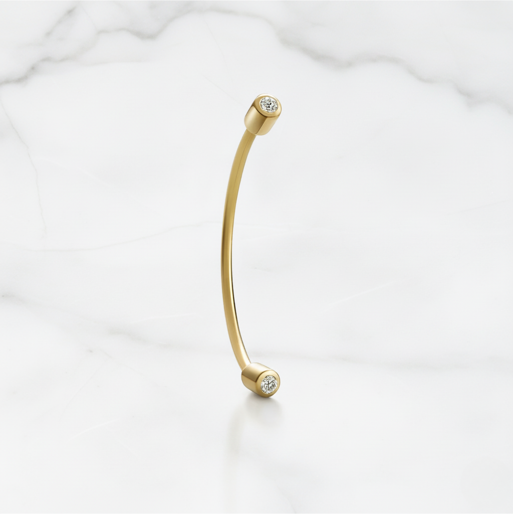 Minimal Curved Bar Dot Earrings | Lab Grown Diamond | 14K Yellow Gold Sleek Line Design
