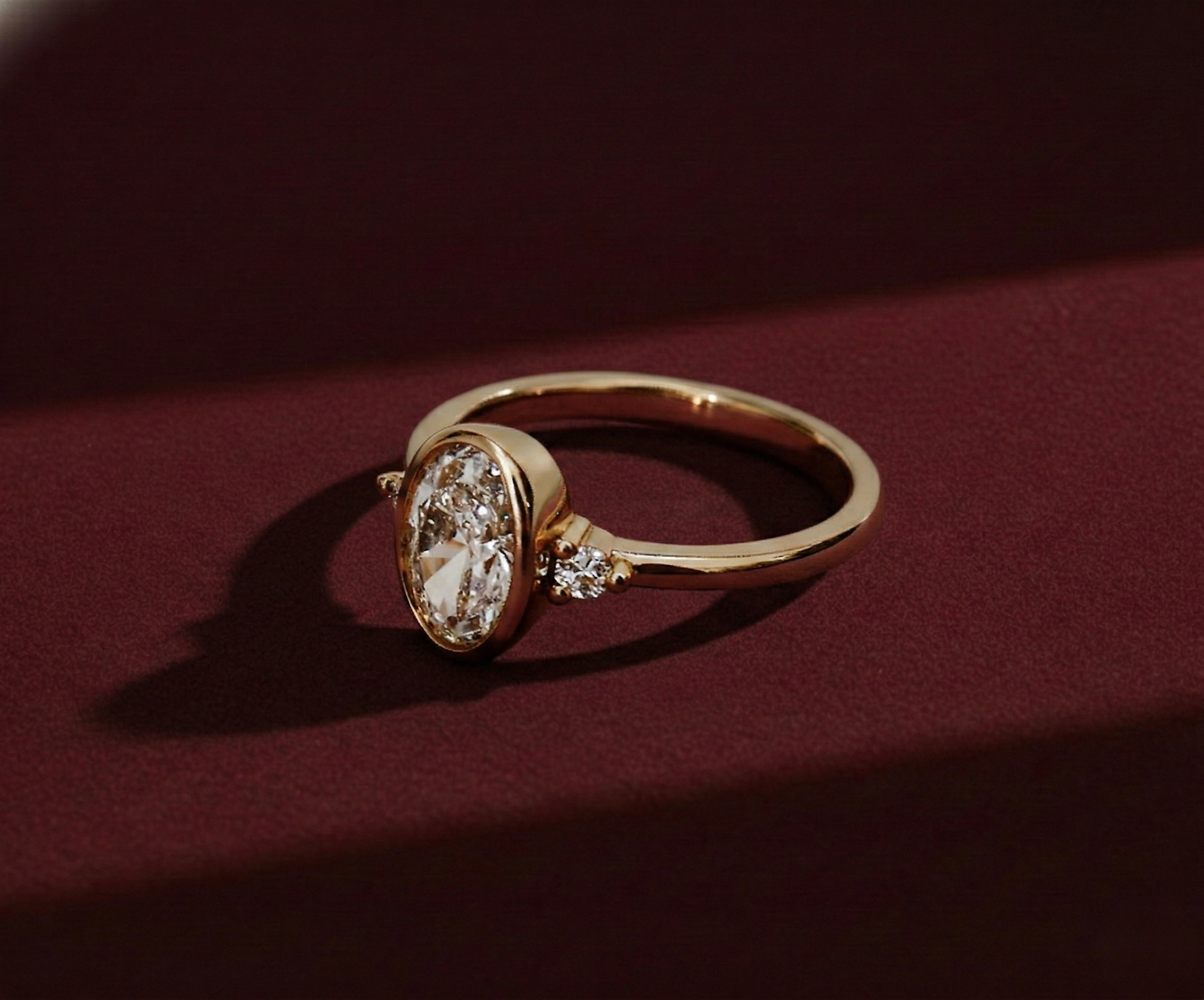 Oval Lab Grown Diamond Engagement Ring, Bezel Set Oval Ring with Round Side Stones, 14K Yellow Gold, IGI Certified Diamond Ring