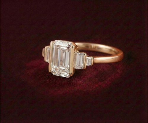 Bar Set 5 Stone Emerald Cut Ring with Baguette Accents | Lab Grown Diamond | 14K Yellow Gold