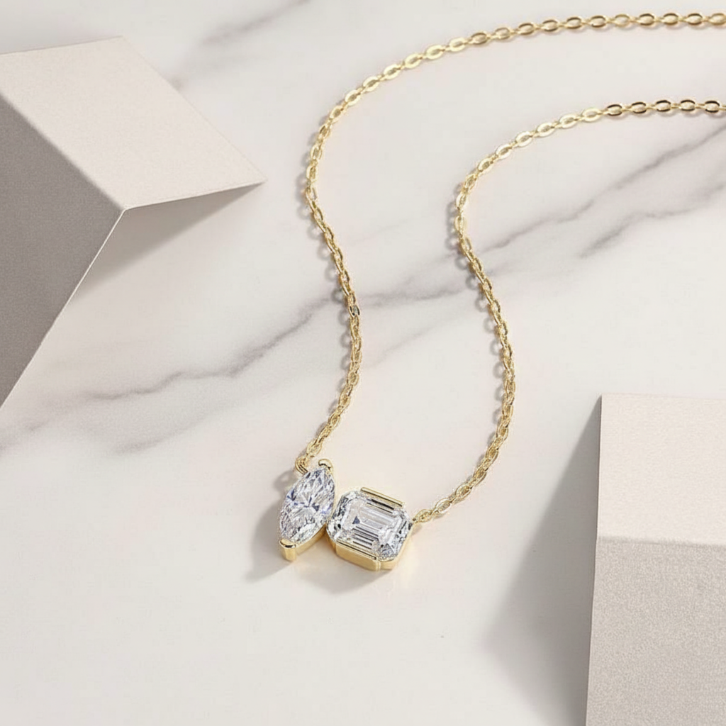 Duo Pendant Necklace Marquise and Emerald | Lab Grown Diamond | 14K Yellow Gold Modern Style