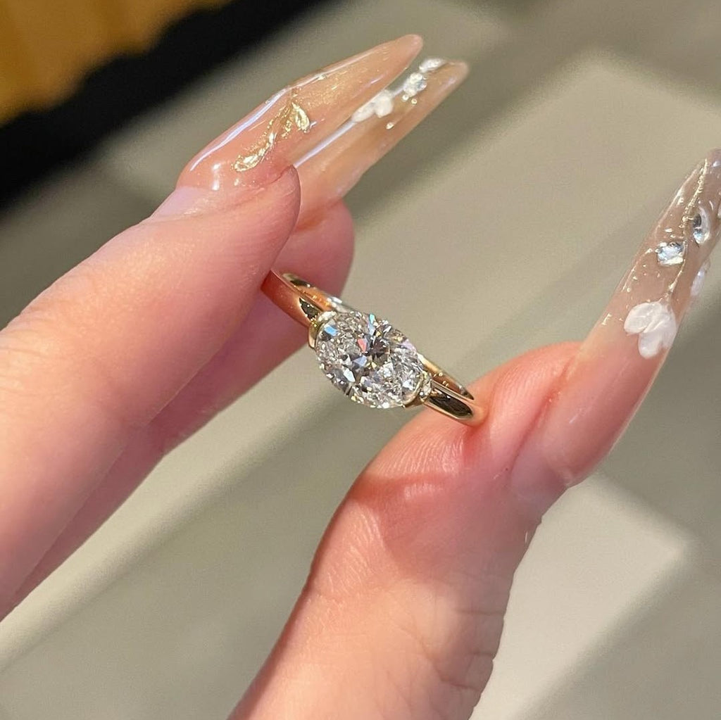 East West Oval Half Bezel Solitaire Ring | Lab Grown Diamond | 14K Yellow Gold Modern Minimalist