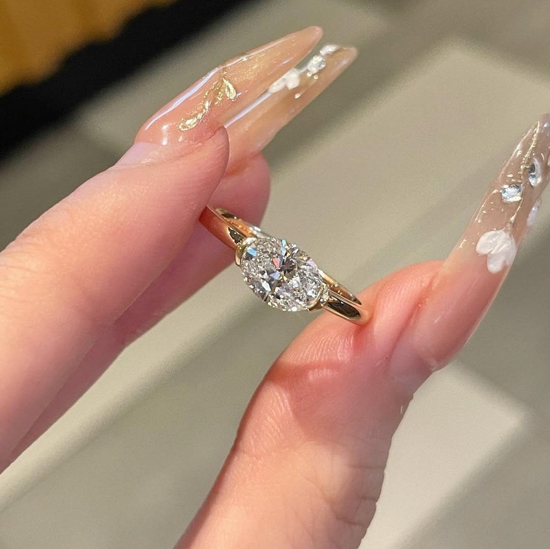 East West Oval Half Bezel Solitaire Ring | Lab Grown Diamond | 14K Yellow Gold Modern Minimalist