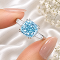 Blue Cushion Cut Lab Grown Diamond Ring, 3 Carat Blue Diamond Engagement Ring, Baguette Side Stones, Statement Ring, Pavé Band, 10K 14K 18K