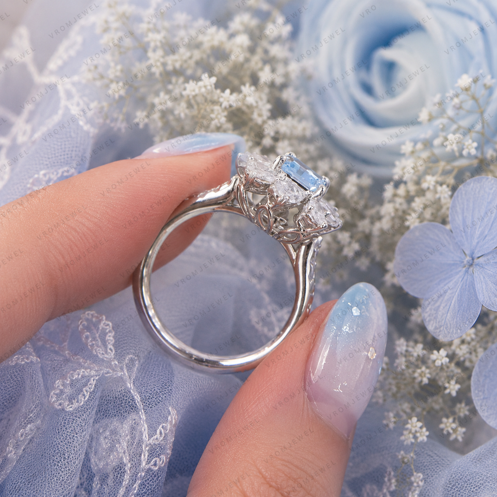 Blue Radiant Lab Grown Diamond Engagement Ring, 1.50 Carat Blue Diamond Ring, Pear Shape Diamond Halo, Floral Engagement Ring, 10K 14K 18K