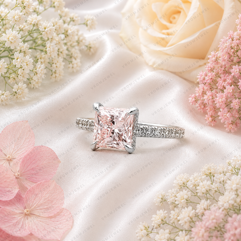 Pink Princess Cut Lab Grown Diamond Engagement Ring, Pavé Diamond Band, Minimalist Pink Diamond Ring, Elegant Bridal Ring, 10K 14K 18K Gold