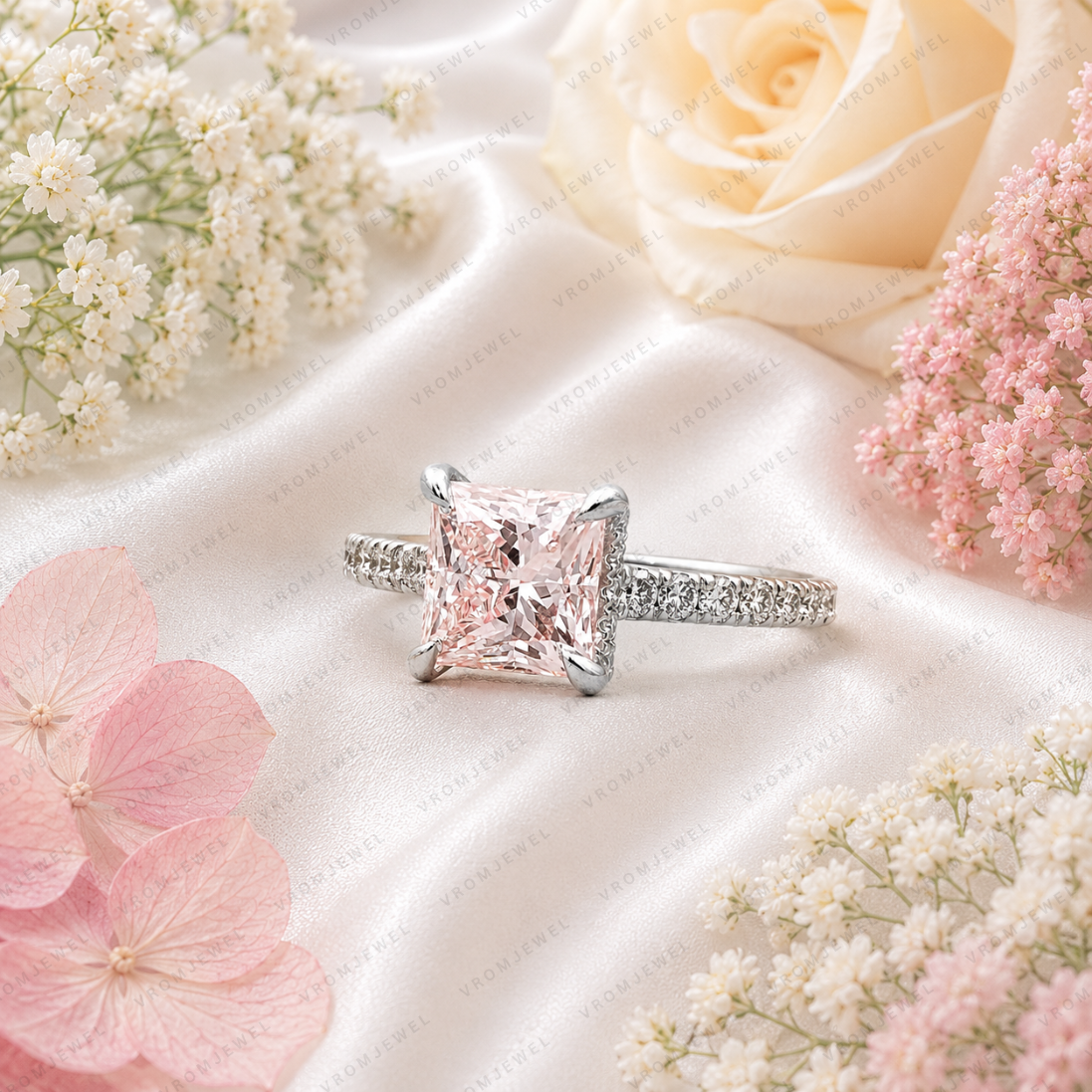 Pink Princess Cut Lab Grown Diamond Engagement Ring, Pavé Diamond Band, Minimalist Pink Diamond Ring, Elegant Bridal Ring, 10K 14K 18K Gold