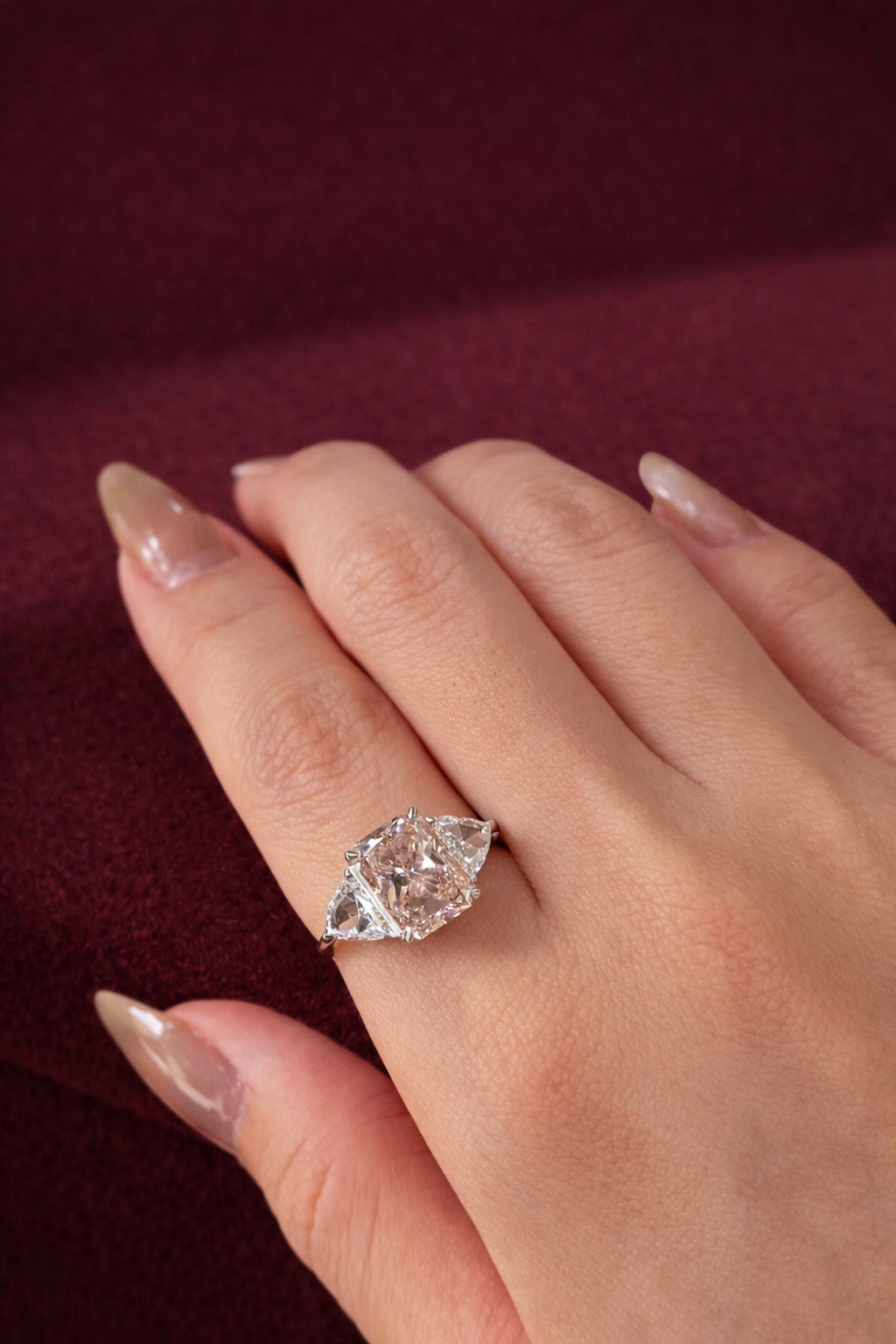 Pink Radiant Diamond Engagement Ring, Three Stone Diamond Ring with Trillion Side Stones, Unique Pink Diamond Ring, Luxury Engagement Ring