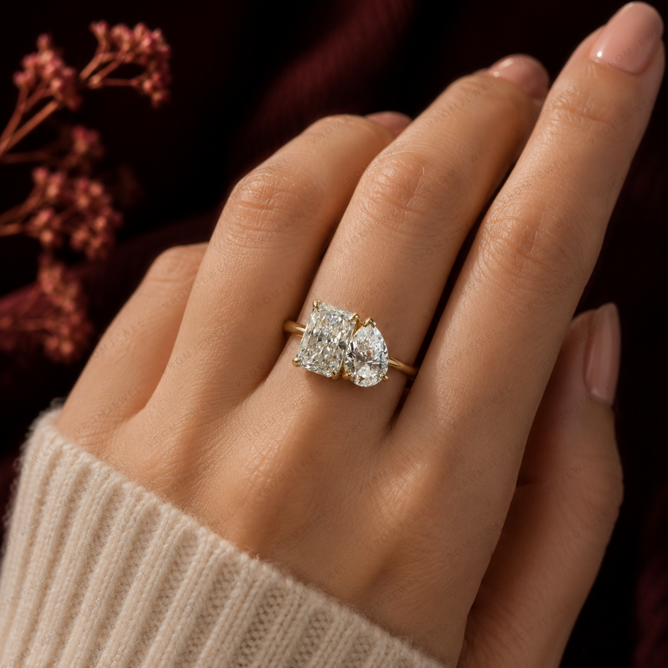 Toi et Moi Radiant and Pear Lab Grown Diamond Engagement Ring in Solid 14K Gold