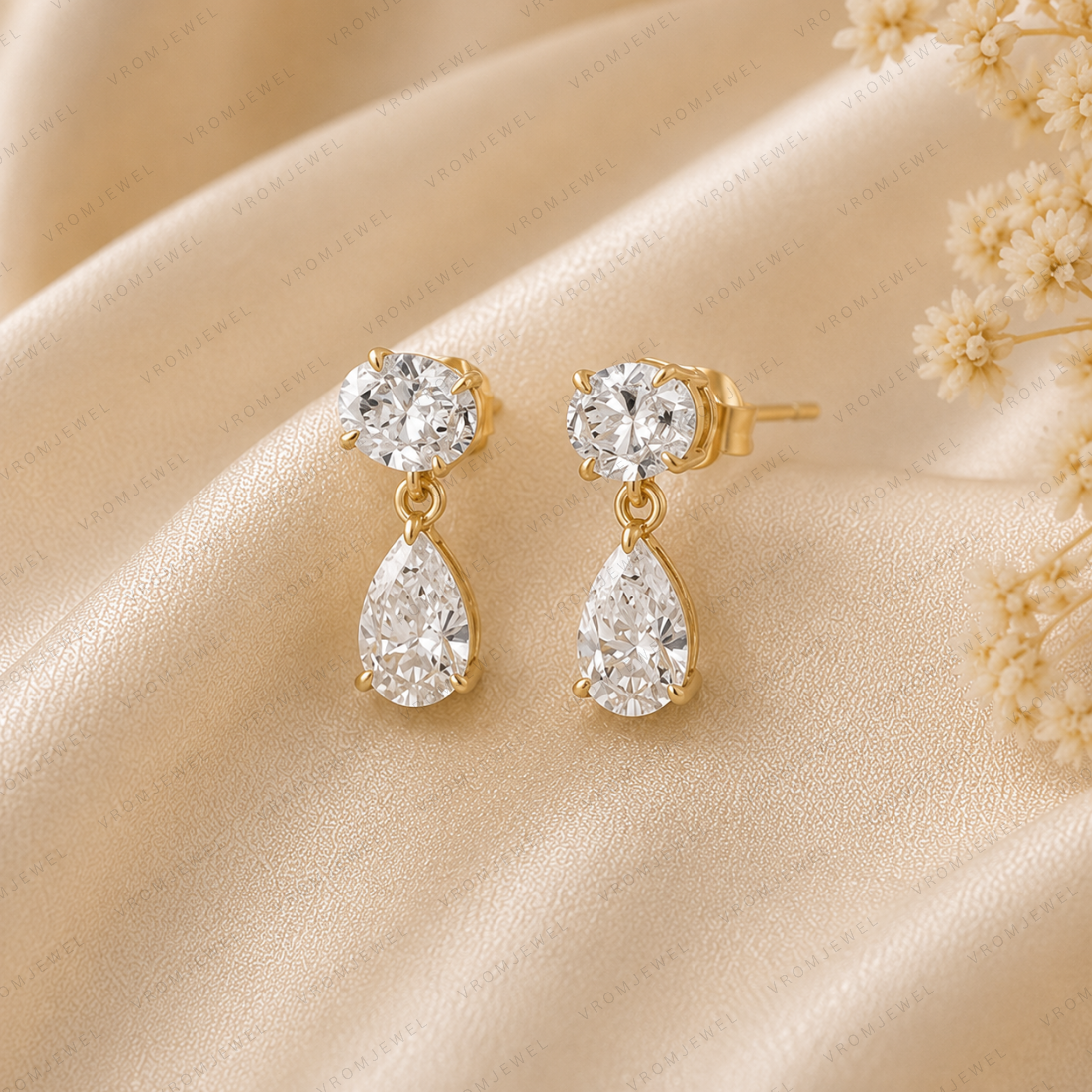 Oval & Pear Cut Lab Grown Diamond Two Stone Earrings in Solid 14K Gold