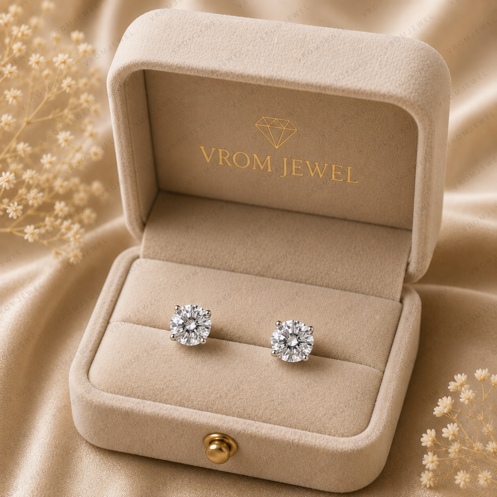 Round Lab Grown Diamond Solitaire Bridal Stud Earrings in Solid 14K Gold