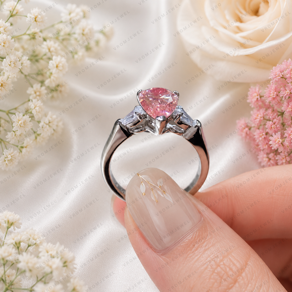 Pink Pear Shape Lab Grown Diamond Engagement Ring, Vintage Inspired Diamond Ring, Side Stone Ring, IGI Certified, 10K 14K 18K Gold