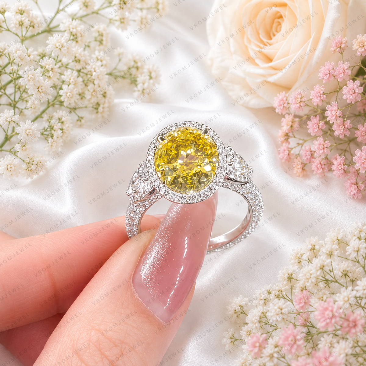 5.50 Carat Yellow Oval Lab Grown Diamond Engagement Ring, Yellow Diamond Halo Ring, Oval Cut Statement Ring, Pear Diamond Accents, Gold Ring