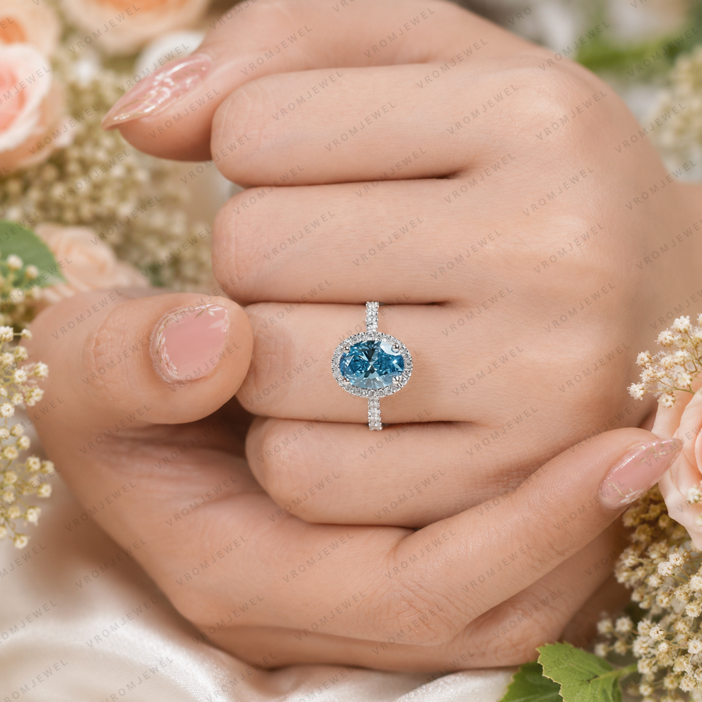 Blue Oval Lab Grown Diamond Ring, 2 Carat Blue Diamond Engagement Ring, Oval Cut Halo Ring, Pavé Diamond Halo, Classic Bridal Ring
