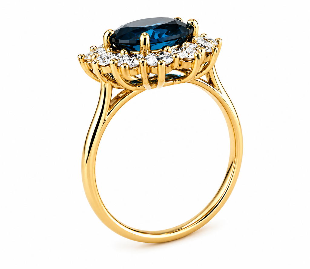 London Blue Topaz Halo Ring | 3.5 CT Oval Gemstone | Lab Grown Diamond Halo | Vintage Style Engagement Ring | 14K Gold