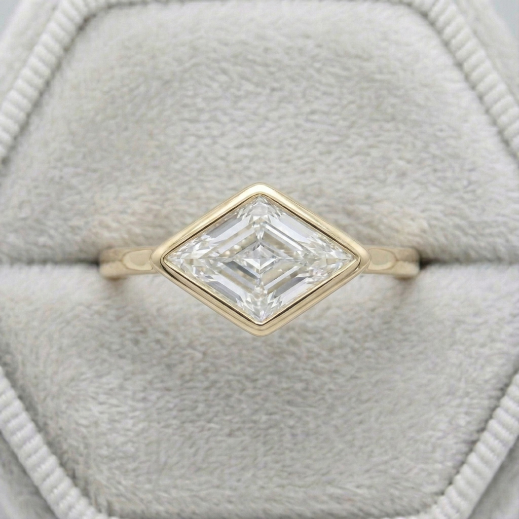 East West Lozenge Cut Bezel Set Solitaire Ring | Lab Grown Diamond | 14K Yellow Gold