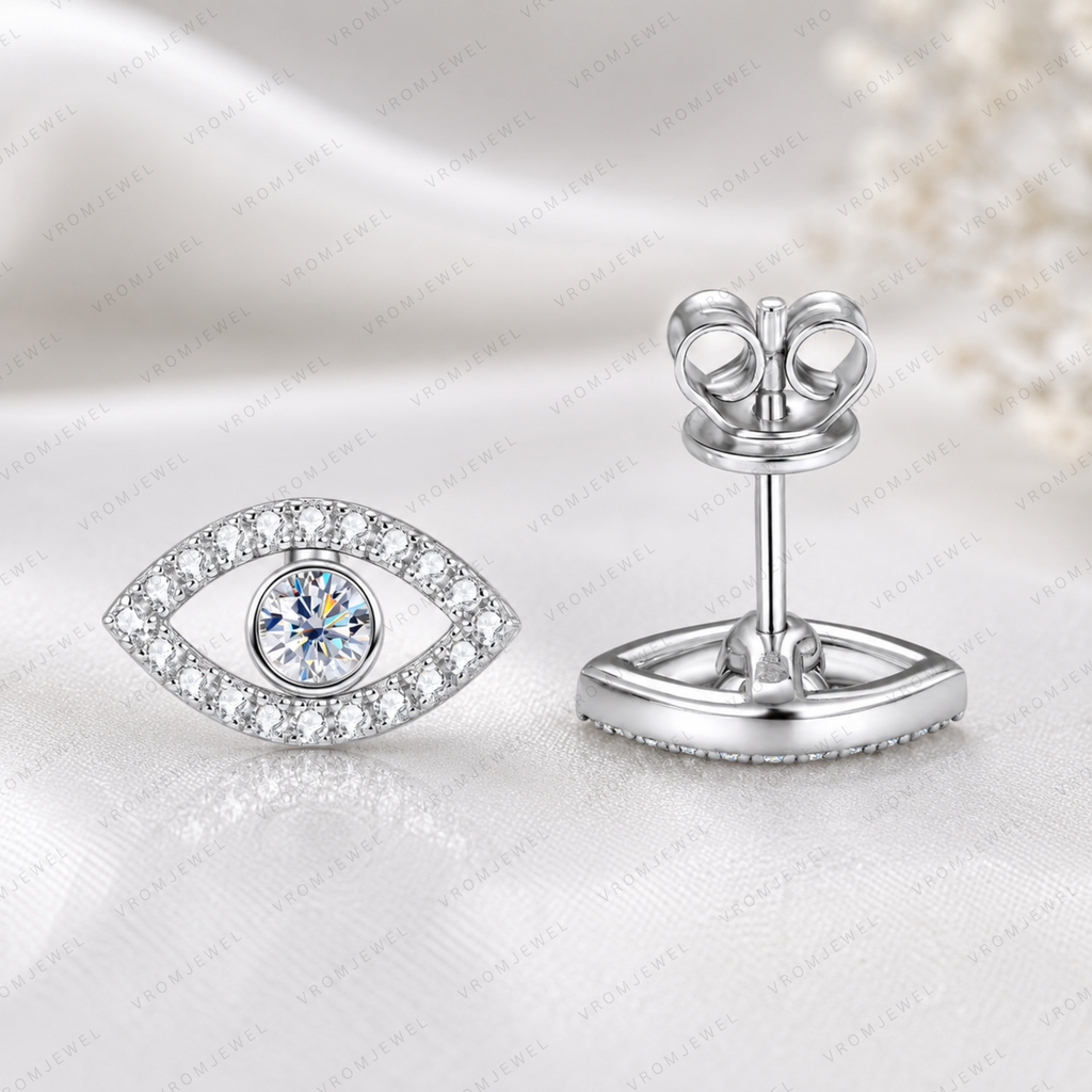 Evil Eye Lab Grown Diamond Stud Earrings, Eye Shape Diamond Earrings, Solid Gold Evil Eye Studs, Minimalist Diamond Earrings, Gift For Her