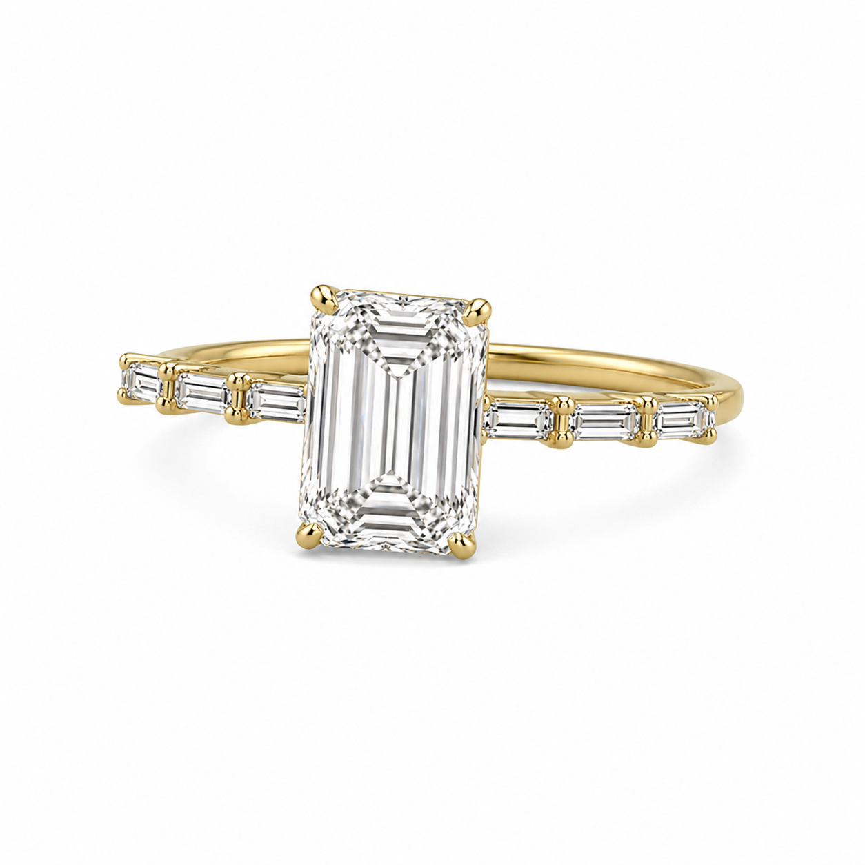 Emerald Cut Lab Grown Diamond Ring with Baguette Side Accents | 2 CT IGI Certified | 14K Gold Elegant Ring