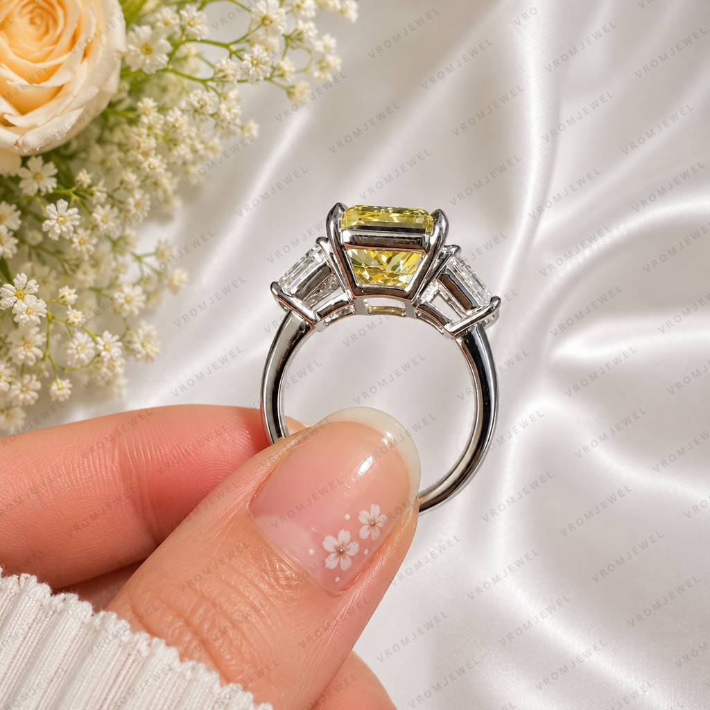 10.00 Carat Yellow Radiant Lab Grown Diamond Ring, Yellow Diamond Engagement Ring, Baguette Side Stones, Art Deco Ring, 10K 14K 18K Gold