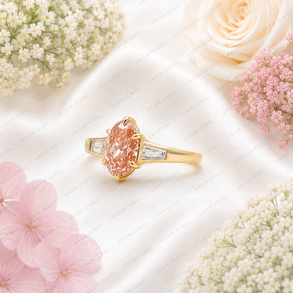 Pink Oval Lab Grown Diamond Engagement Ring, Pink Diamond Ring, Elegant Halo Setting, Diamond Accent Ring, 10K 14K 18K Gold