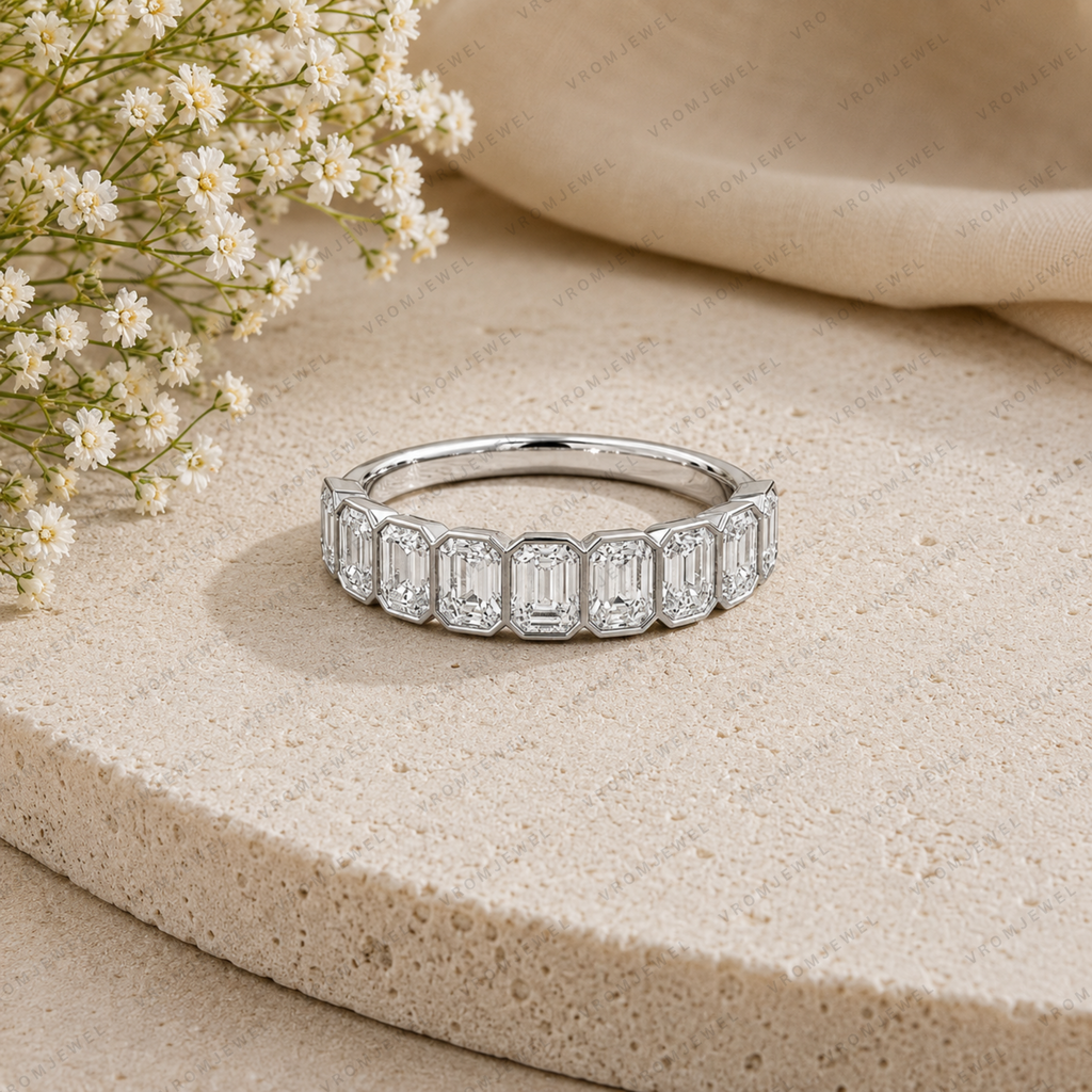 Emerald Cut Lab Grown Diamond Bezel Set Bridal Ring in Solid 14K Gold